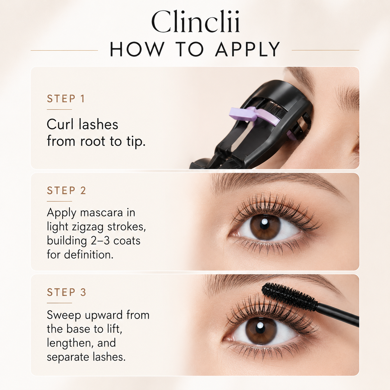 Clinclii Waterproof Mascara for 24-Hour Volume, Lift & Definition – Long-Lasting Thick, Defined Lashes