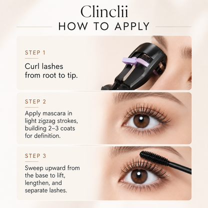Clinclii Waterproof Mascara for 24-Hour Volume, Lift & Definition – Long-Lasting Thick, Defined Lashes