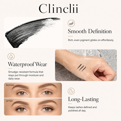 Clinclii Waterproof Mascara for 24-Hour Volume, Lift & Definition – Long-Lasting Thick, Defined Lashes
