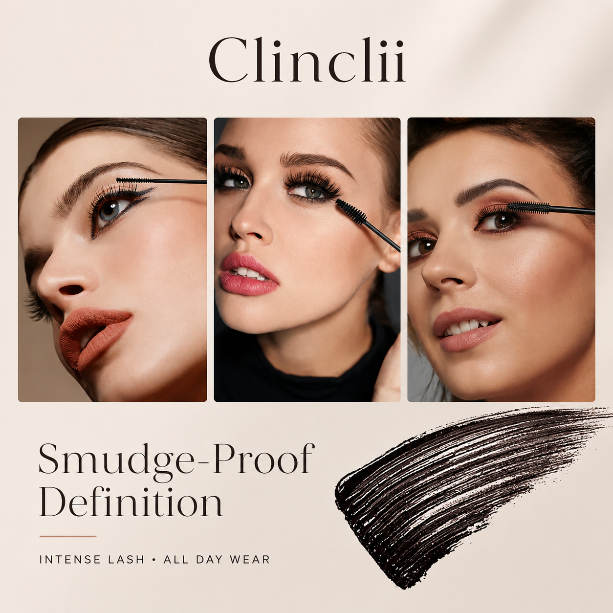 Clinclii Waterproof Mascara for 24-Hour Volume, Lift & Definition – Long-Lasting Thick, Defined Lashes